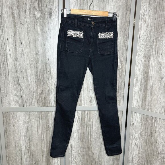 7 For All Mankind Jeans Size 26 Waist Skinny Rhinestone Pocket Rinsed Black - Picture 1 of 10